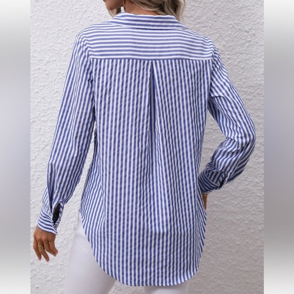 Classic Striped Knot Front Curved Hem Button Down Shirt Top Blouse - Picture 2 of 8